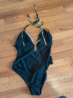 SHEIN Black One-Piece Swimsuit with Gold Trim